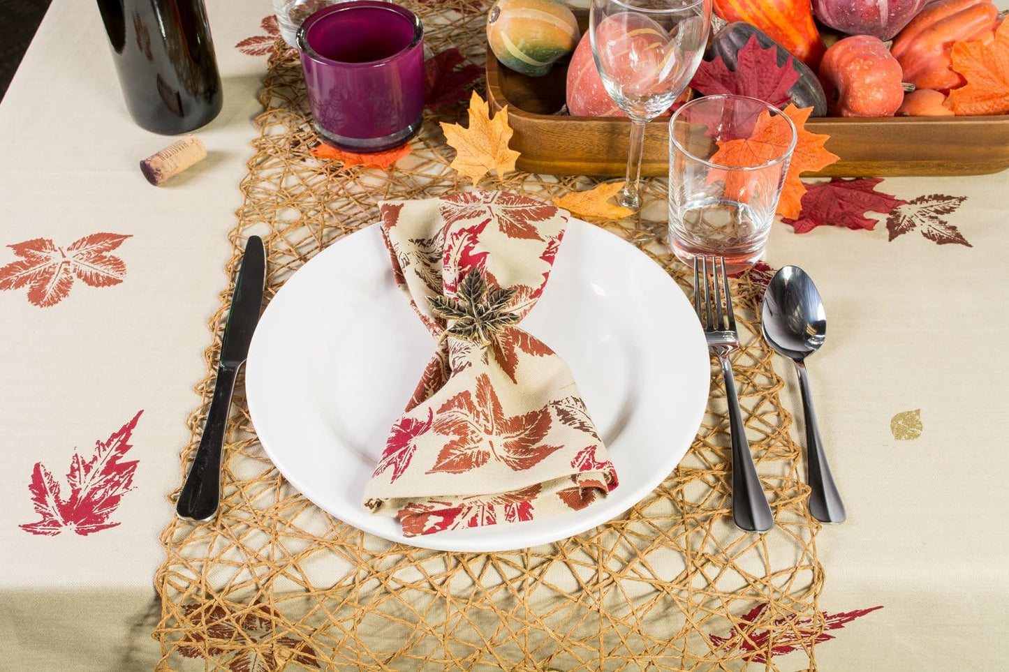 Gold Maple Leaf Napkin Ring Holder Set - 6 Piece Decorative Tabletop Décor for Christmas & Thanksgiving