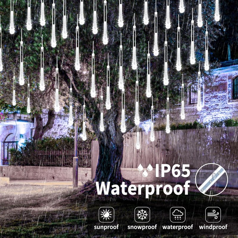Solar Meteor Shower Lights, Solar Christmas Lights 16 Tubes 384 LEDs (Equivalent to 2 Sets of 8-Tube), Outdoor Waterproof Icicle String Light, LED Rain Drop Light for Tree Garden Decor (Cool White)