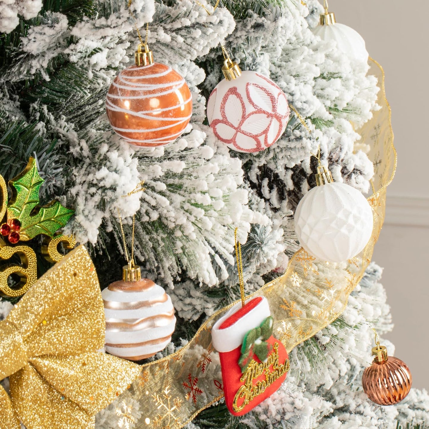 100 Pcs Christmas Ball Ornaments Set, Rose Gold and White Xmas Tree Decoration, Pink White Shatterproof Decorative Hanging Balls with Loop for Christmas Party Holiday Wreath Garland Home Décor