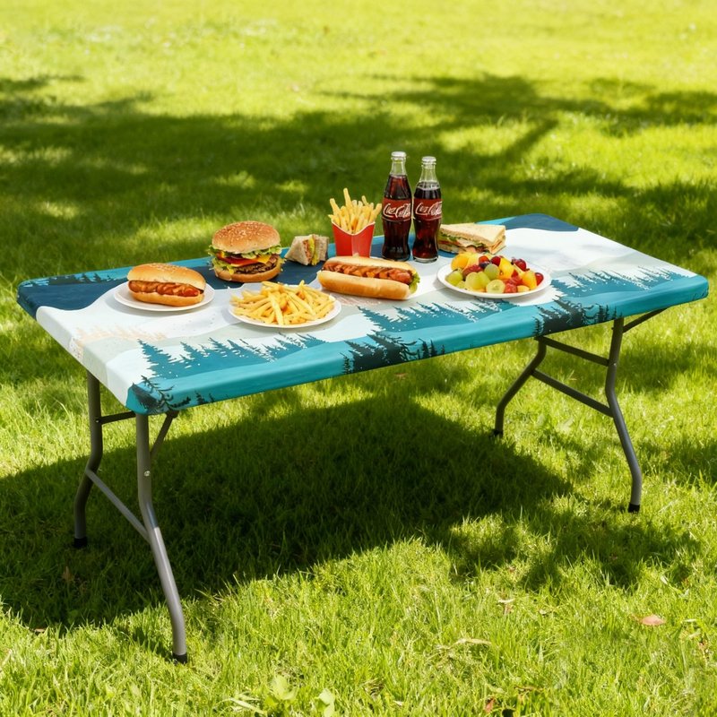 Moosfor Rectangle Fitted Table Cloth, Waterproof Spandex Elastic Tablecloths, Fits for 6 Foot Folding Tables, Stretch Washable Table Cover for Picnic, Camping, Outdoor (Forest, 30"x72")