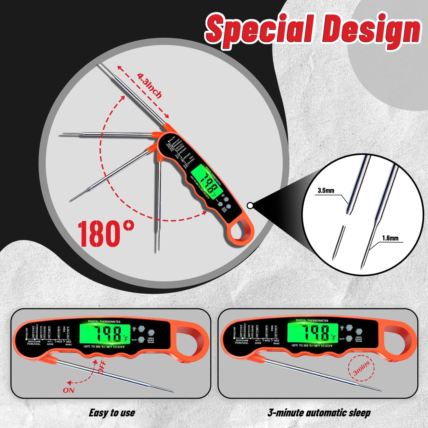 Meat Thermometer Digital, IP67 Waterproof Food Thermometer for Cooking and Baking, Instant Read Meat Thermometer with Backlight, Hold Function & Magnet for Kitchen, Beef, Grill, BBQ, Candy, Turkey
