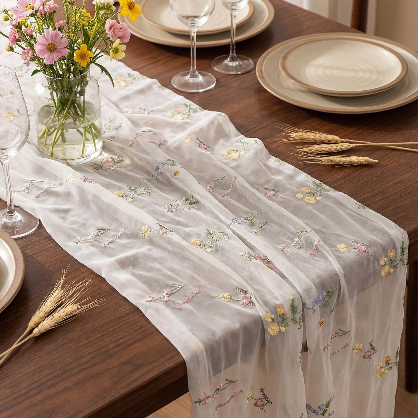 Remagr Floral Table Runner - 9.8 ft Embroidered Tulle for Weddings, Showers & Seasonal Decor