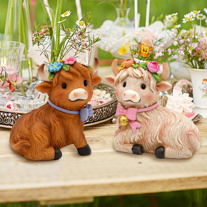 nuvagiki Highland Cow Decor Set of 2, Spring Farmhouse Highland Cow Figurines, Cute Cow Tiered Tray Decorations for Home Kitchen Table, Rustic Country Shelf Decor, Gift for Women