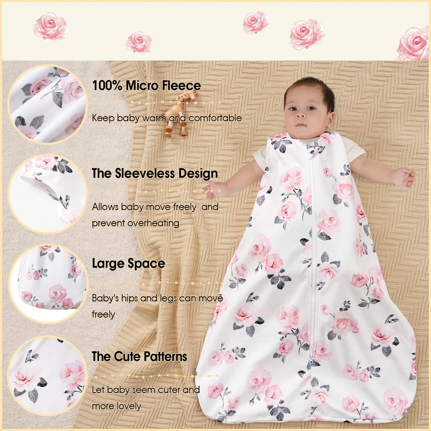 PHF 3 Pack Warm Micro-Fleece Baby Sleep Sack 12-18 Months, Soft Baby Wearable Blanket, 2-Way Zipper Sleeping Bags, Comfy Toddler Sleeping Sack for Girls, Large Size, Floral