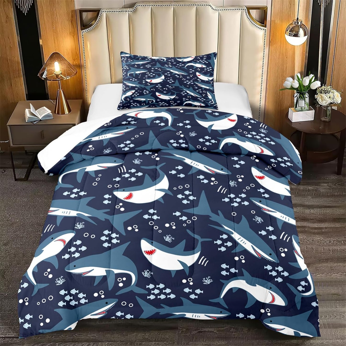 Cute Cartoon Dinosaur Bedding Set, Ultra Soft Full Size Comforter Set for Boys, Lovely Dinosaur Printed Comforter for Kids Teens, Dark Blue Microfiber Quilt for All Season 3Pcs with Pillowcases