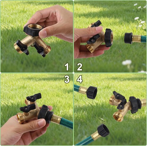 Biswing Garden Hose Splitter - Heavy Duty Brass 2-Way Tap Connector with 2 Valves & Extra Washers