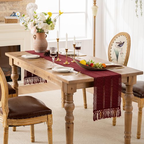 Burgundy Table Runner with Tassels Boho Claret Red Macrame Table Runner Farmhouse Woven Home Decor 12x71 inch Modern Fall Table Decor for Coffee Dining Bedroom Decor Rustic Style