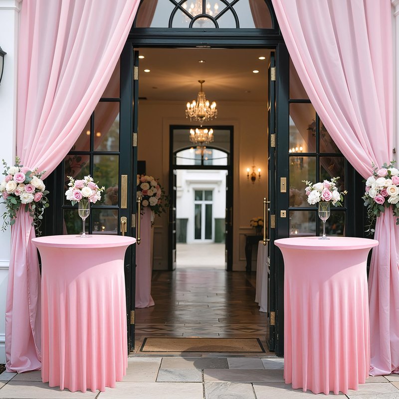 4 pk Pink Round High Top Cocktail Table Cloths 32inch×43inch, Wrinkle Free Stretchy Fitted Highboy Spandex Cocktail Tablecloth Table Covers with Pleats Skirts for Party Wedding Banquet Bar