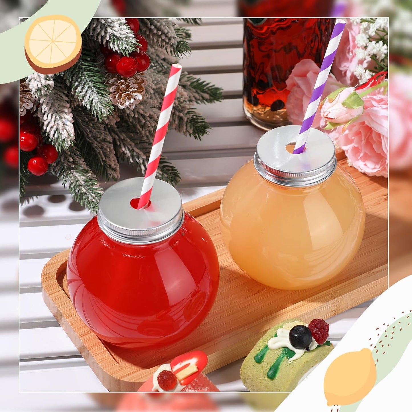 Yaomiao 24 Pcs 10 oz Mini Plastic Fish Bowl Ornament Cups for Drinks Clear Spherical Potion Bottles with Lids and Straws Bulb Cups for Christmas Carnival Candy Party Decorations (Red)