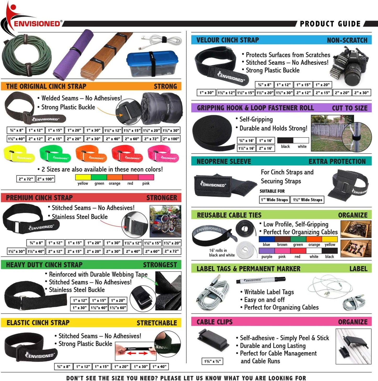 Reusable Cinch Straps 2" x 40" - 6 Pack, Strong Hook and Loop Fasteners for Secure Storage (Black)