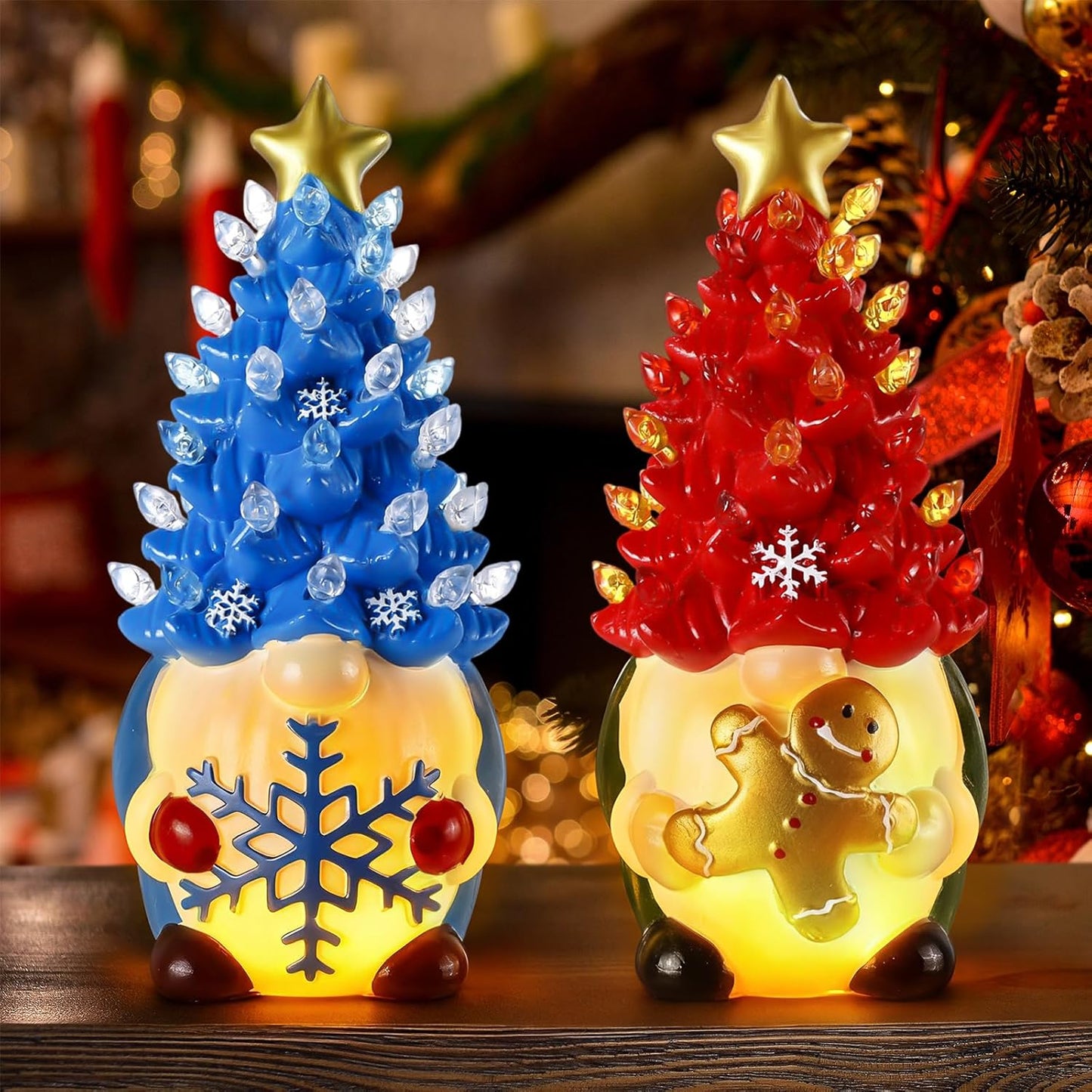 Riakrum Gnome Christmas Tree Decor - Lighted Gingerbread Man & Snowflakes | 6.5” Resin Figurines for Indoor Centerpieces