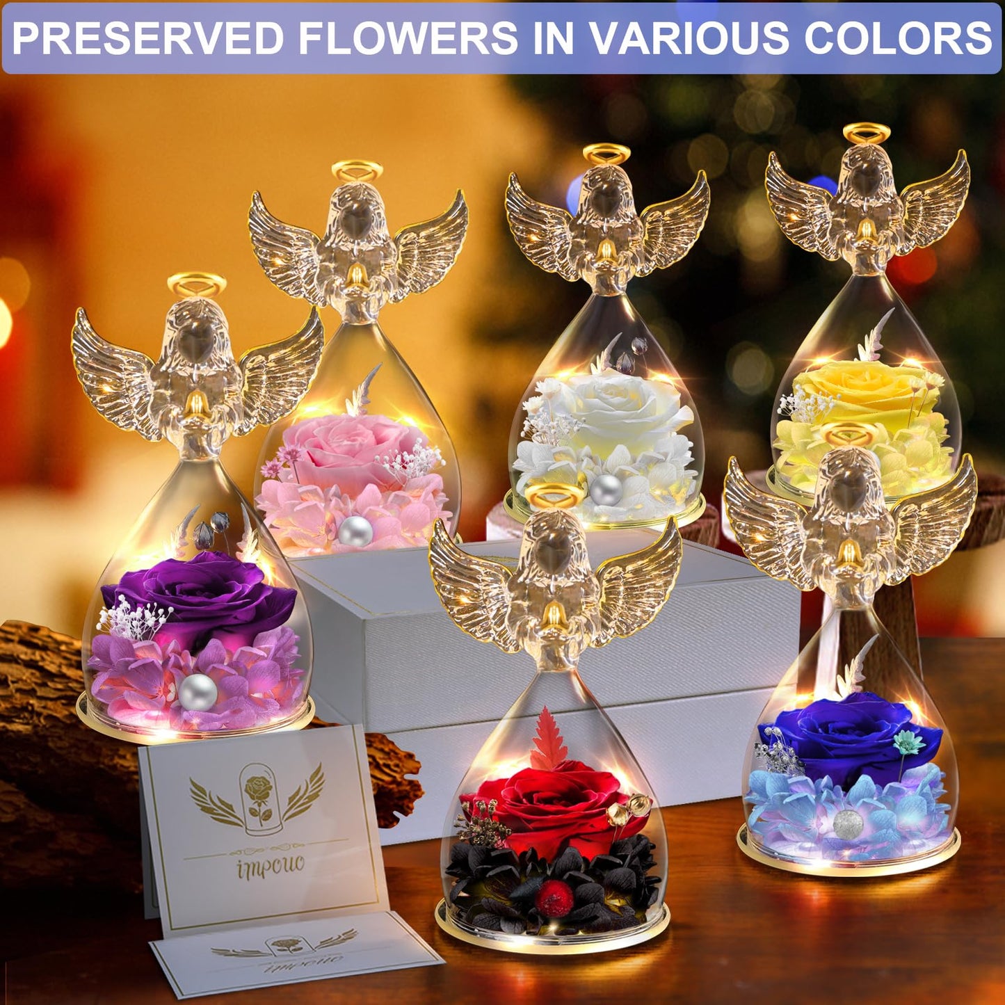 Impouo Angel Gifts for Women, Preserved Rose Flower in Glass Angel Figurines with LED Light, Mother's Day and Christmas Thanksgiving, Valentine's Day, Birthday Gifts for Grandma, Mom, Wife