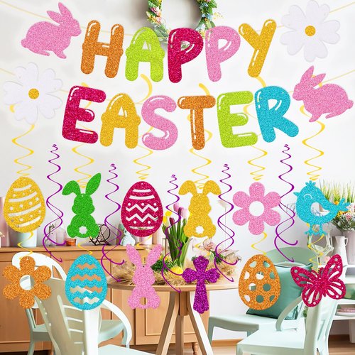 Easter Party Decoration Set Happy Easter Banner with 17 Pcs Hanging Swirl Decor Hello Spring Garland Eggs Hunting Bunnies Flowers Goodies Chocolate Jesus theme Party Supplies
