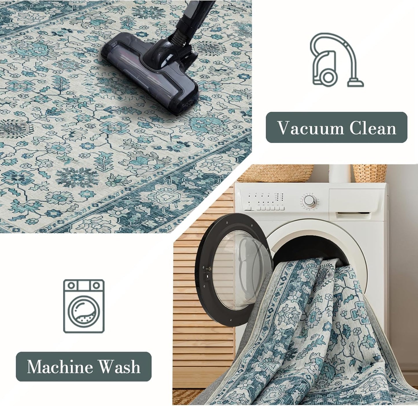 Area Rug 3×5, Vintage Boho Rug,Ultra-Soft Low Pile, Washable, Non Slip,Stain Resistant, Printed Carpet for Living Room Bedrooms Playroom Office Kitchen,Turquise/Cream