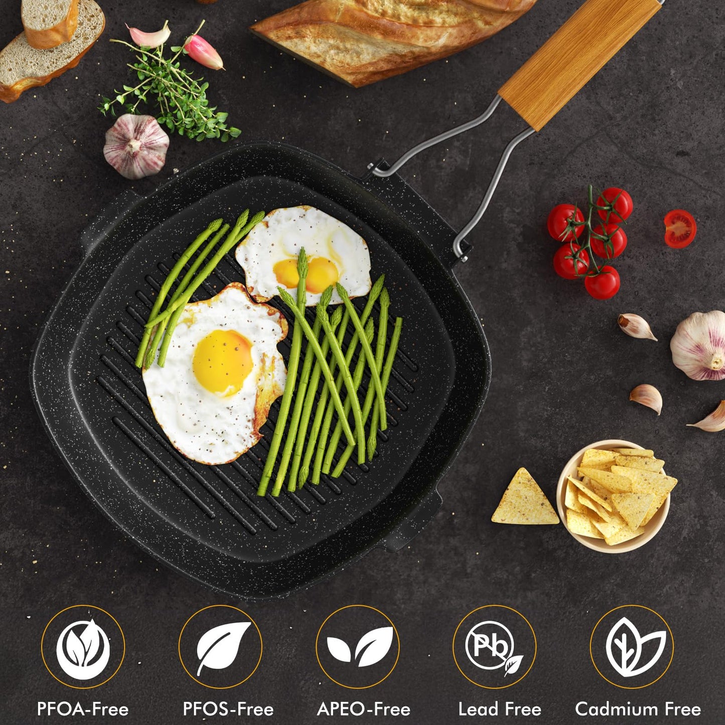 Mihoho Nonstick Grill Pan, 9.5 Inch Large Grilling Skillet Steak Pan for Indoor Cooking, Steak & Bacon Pans for Stove Tops (9.5 in)