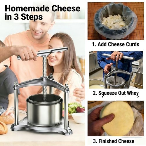 EJWOX Manual Cheese Press, 0.8 Gallon Heavy Duty Food Press for Cheese, Tofu & Vegetable Dehydration – Stainless Steel Basket Herb & Tincture Press with Filter Bags, Not for Hard Fruits