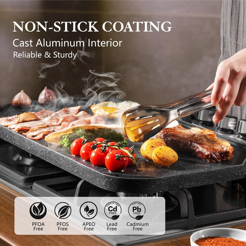SENSARTE Nonstick Griddle Grill Pan, Pro-Grid Reversible Grill & Griddle Pan, Two Burner Cast Aluminum, Portable for Indoor Stovetop or Outdoor Camping BBQ, 19.5" x 10.7"