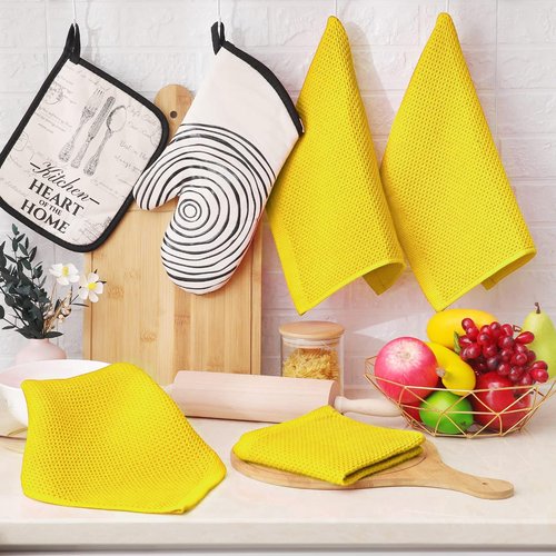 Homaxy 100% Cotton Waffle Weave Kitchen Dish Towels, Ultra Soft Absorbent Quick Drying Cleaning Towel, 13 x 28 Inches, 6-Pack, Yellow