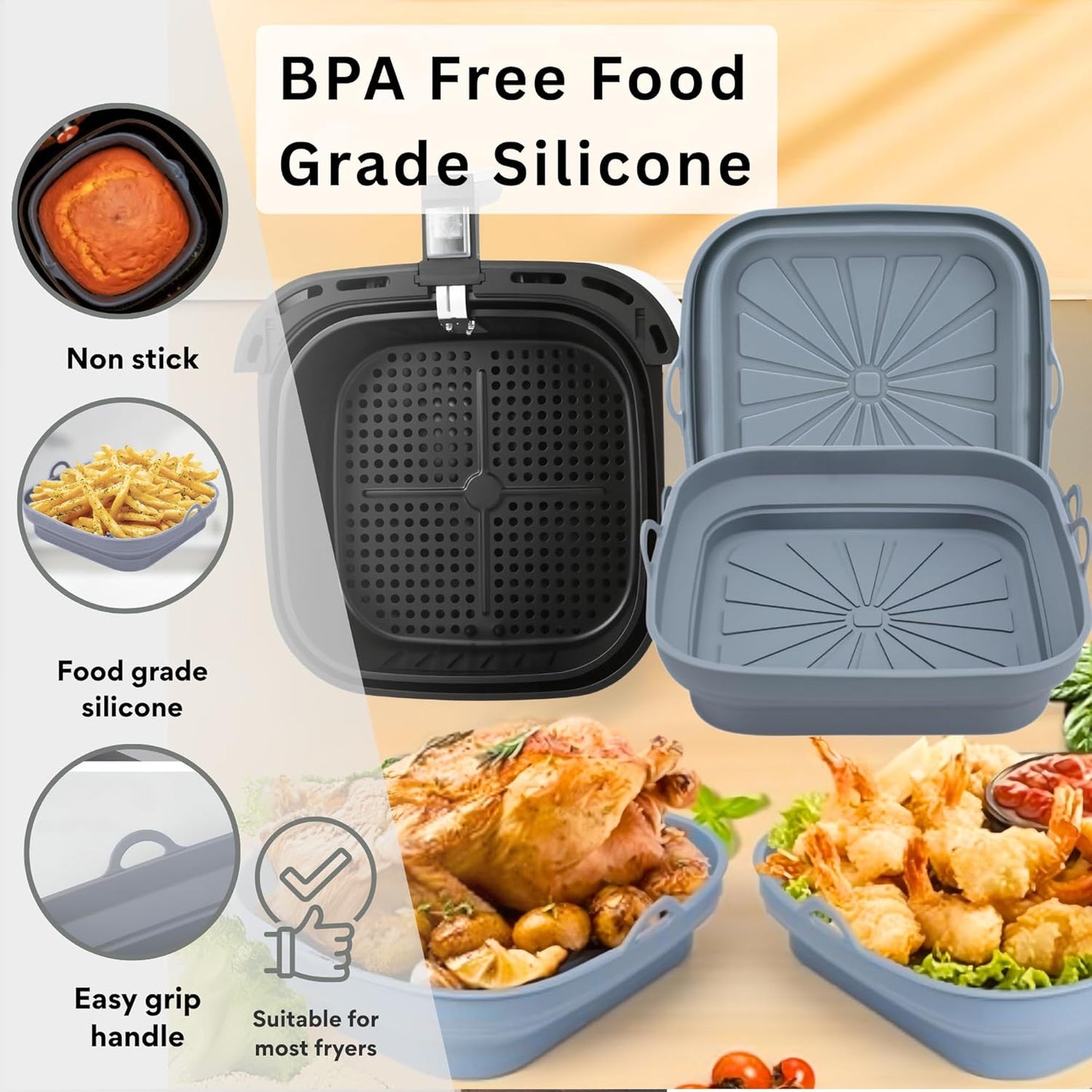 SAMIA 8 Inch Silicone Air Fryer Liners Set - 4 Reusable Non-Stick Liners with Basting Brush & Food Tong