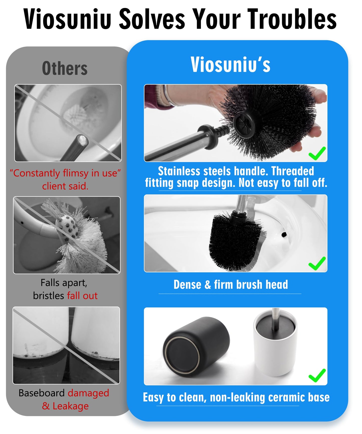 Viosuniu Ceramic Toilet Brush & Holder Set - Freestanding Deep-Cleaning Toilet Bowl Cleaner Brush, Stainless Steel Handle, Small & Sturdy for Storage, Easy to Clean, Non-Scratching, Rust-proof (Set/2)