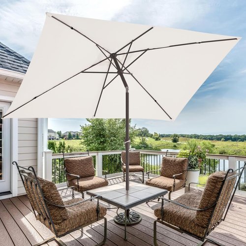 JEAREY Rectangular Patio Umbrella - 6.5x10 ft Outdoor Umbrella with Push Button Tilt & Crank | UV Protection in Cream White