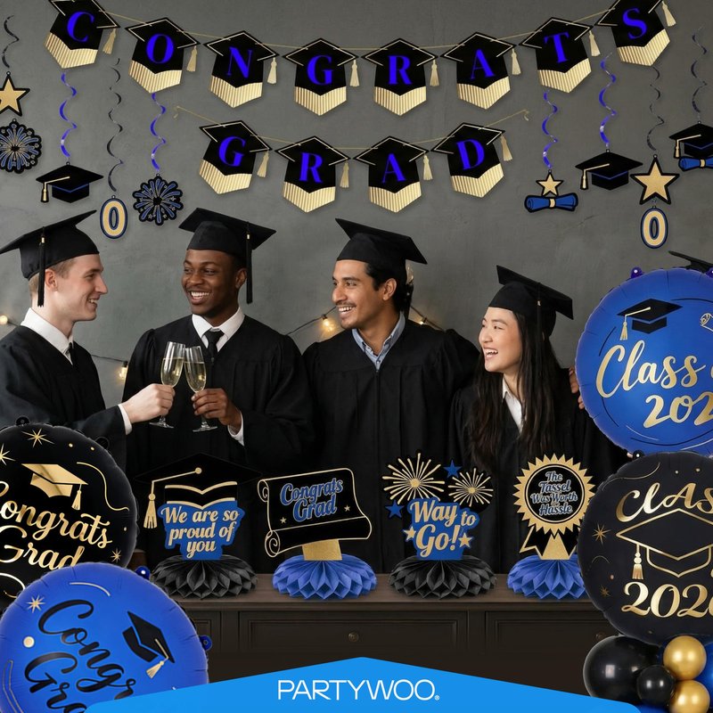 PartyWoo Graduation Decorations Class of 2026 Black Gold Blue 19pcs Grad Party Supplies with Congrats 2026 Grad Banner Hanging Swirls Foil Balloons Graduation Cap Centerpieces Party Decorations