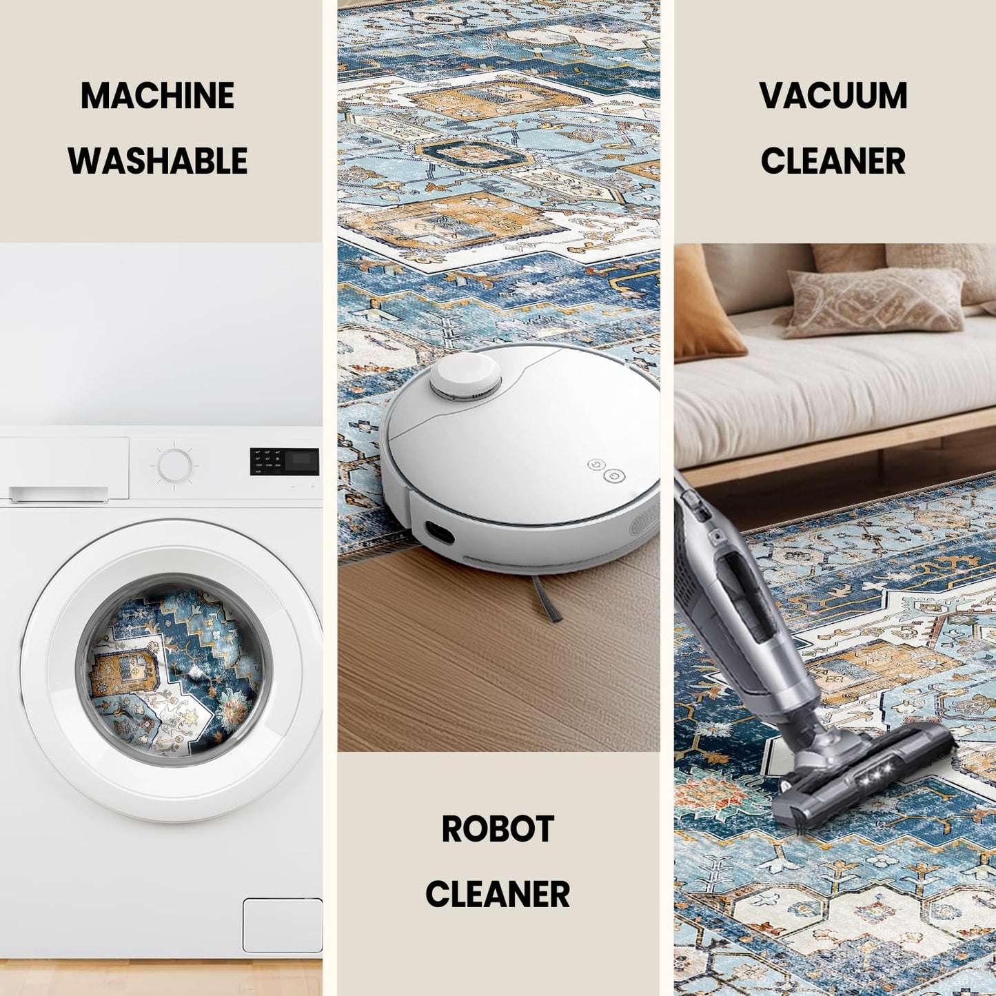 Washable 6x9 Area Rugs, Rugs for Living Room, Low-Pile Water&Stain Resistant Carpet Vintage Distressed Printed Non-Slip Carpet for Bedroom Bathroom Kitchen-Sky Blue