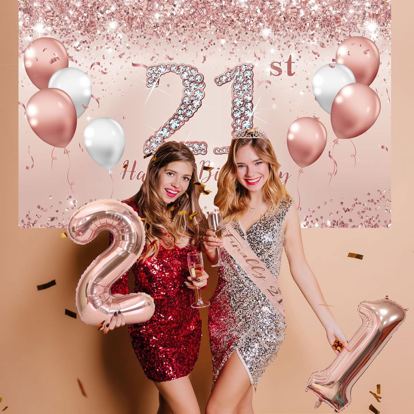 Trgowaul 21st Birthday Decorations - Rose Gold Banner, Sash, Crown & Cake Topper Set | Pink Balloons