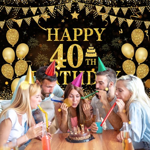 40th Birthday Decorations for Men Women - Happy 40th Birthday Banner Decorations Cheers to 40 Years Birthday Party Suppiles Black Gold Backdrop for 40th Birthday Party Favors Decor (71 x 45 inch)