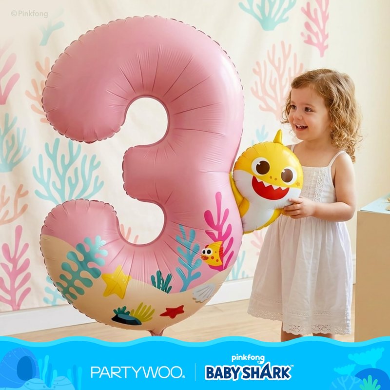 PartyWoo Baby Shark Pink Foil Number 3 Balloon 40 Inch Pink Mylar Helium Birthday Number Balloons for Girls and Boys Baby Shark Under the Sea Ocean Theme Kids Third Birthday Party Decorations