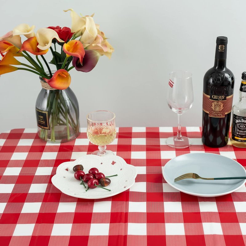 Kesfey 8 Packs Red and White Checkered Tablecloths 54 x 108 Inches Disposable Rectangle Red Gingham Table Cloth Waterproof Plastic Picnic Party Plaid Tablecovers for Picnic BBQ Family Outings
