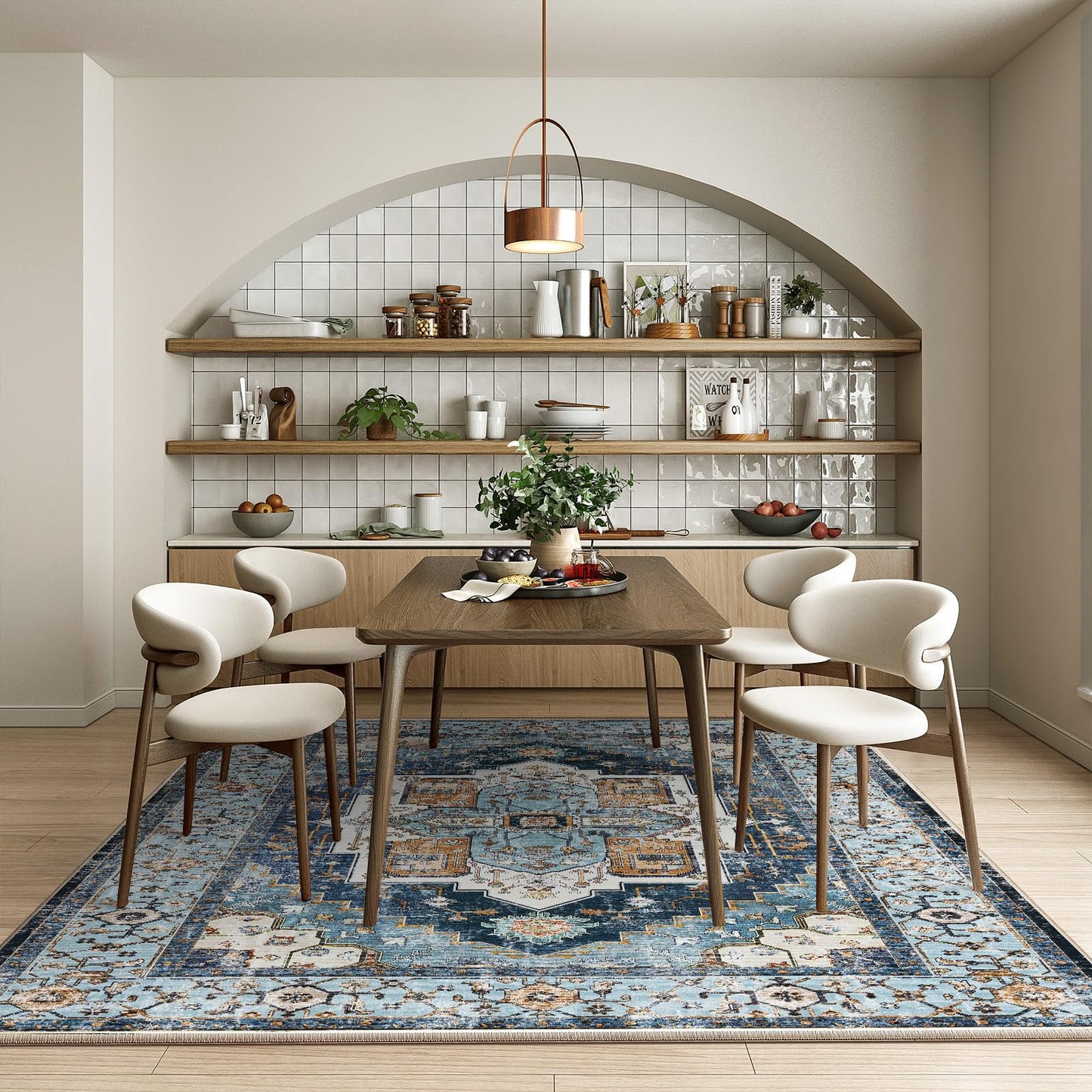 Washable 6x9 Area Rugs, Rugs for Living Room, Low-Pile Water&Stain Resistant Carpet Vintage Distressed Printed Non-Slip Carpet for Bedroom Bathroom Kitchen-Sky Blue