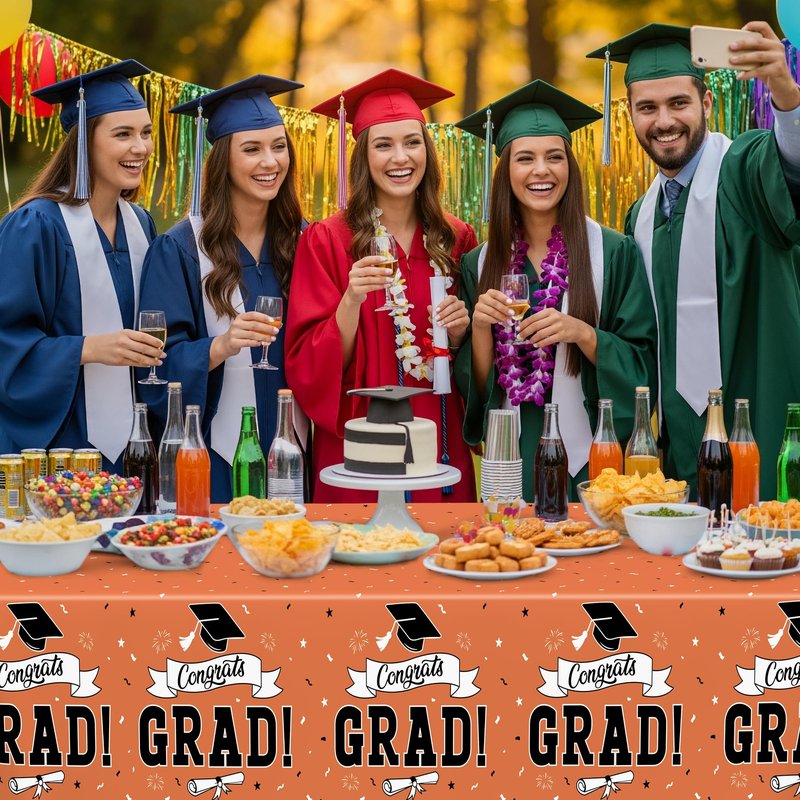 QZYL 2Pcs 2026 Graduation Table Cloths, 108" X 54" Orange Grad Party Decorations, Disposable Plastic Tablecover for Grad Decor Party Supplies, Rectangle Table Cloths for Class 2026 Congrats Grad