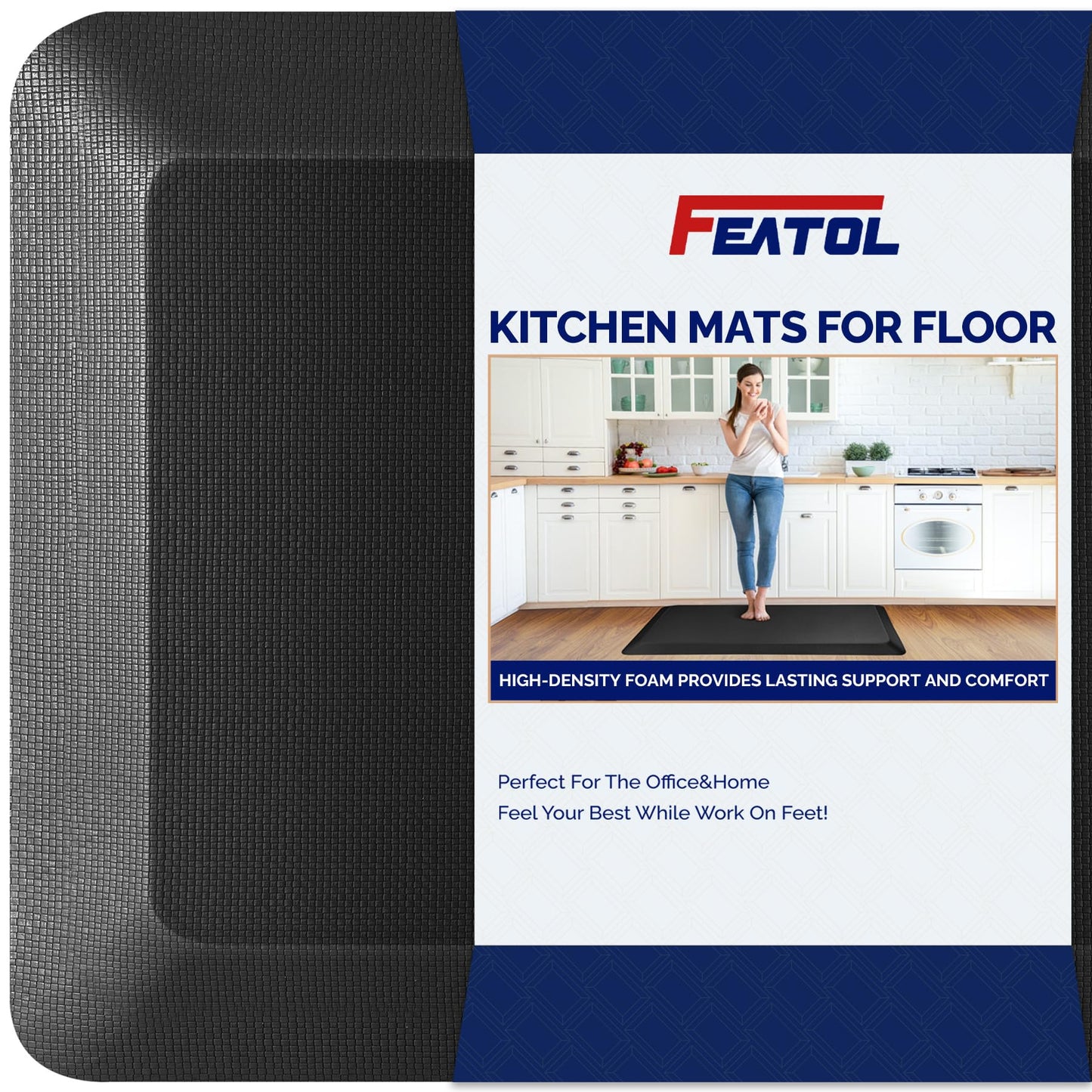 FEATOL 2 Packs Kitchen Mats Cushioned Anti Fatigue – 9/10 Extra Thick Standing Desk Mat Memory Foam, Ergonomic Floor Padded Comfort at Home, Kitchen, Office, Garage – NOT PVC (17" x 24", Black)