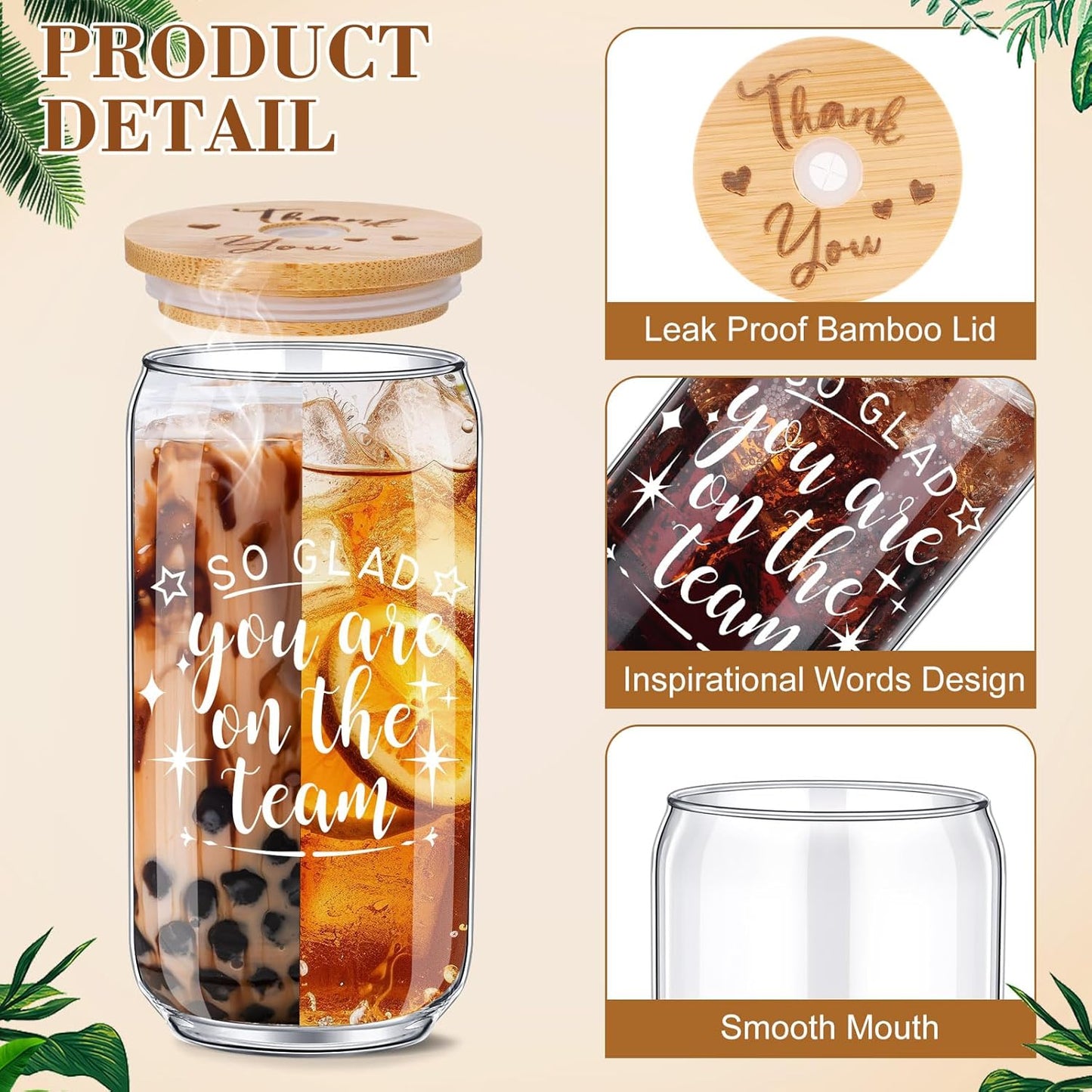 Tioncy 12 Pcs Positive Thank You Gifts for Women Appreciation Teacher Nurse Christian Religous Gifts 16oz Glass Cup with Bamboo Lids Straws Coffee Drinking Jars for Coworker