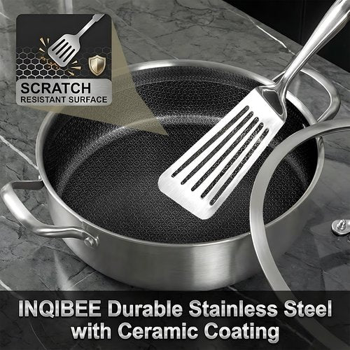 Inqibee 5 QT Hybrid Nonstick Saute Pan with Lid, Tri-Ply Stainless Steel 12 Inch Deep Frying Pan Cookware, PFOA & PFOS Free, Induction Compatible, All Cooktops, Oven & Dishwasher Safe
