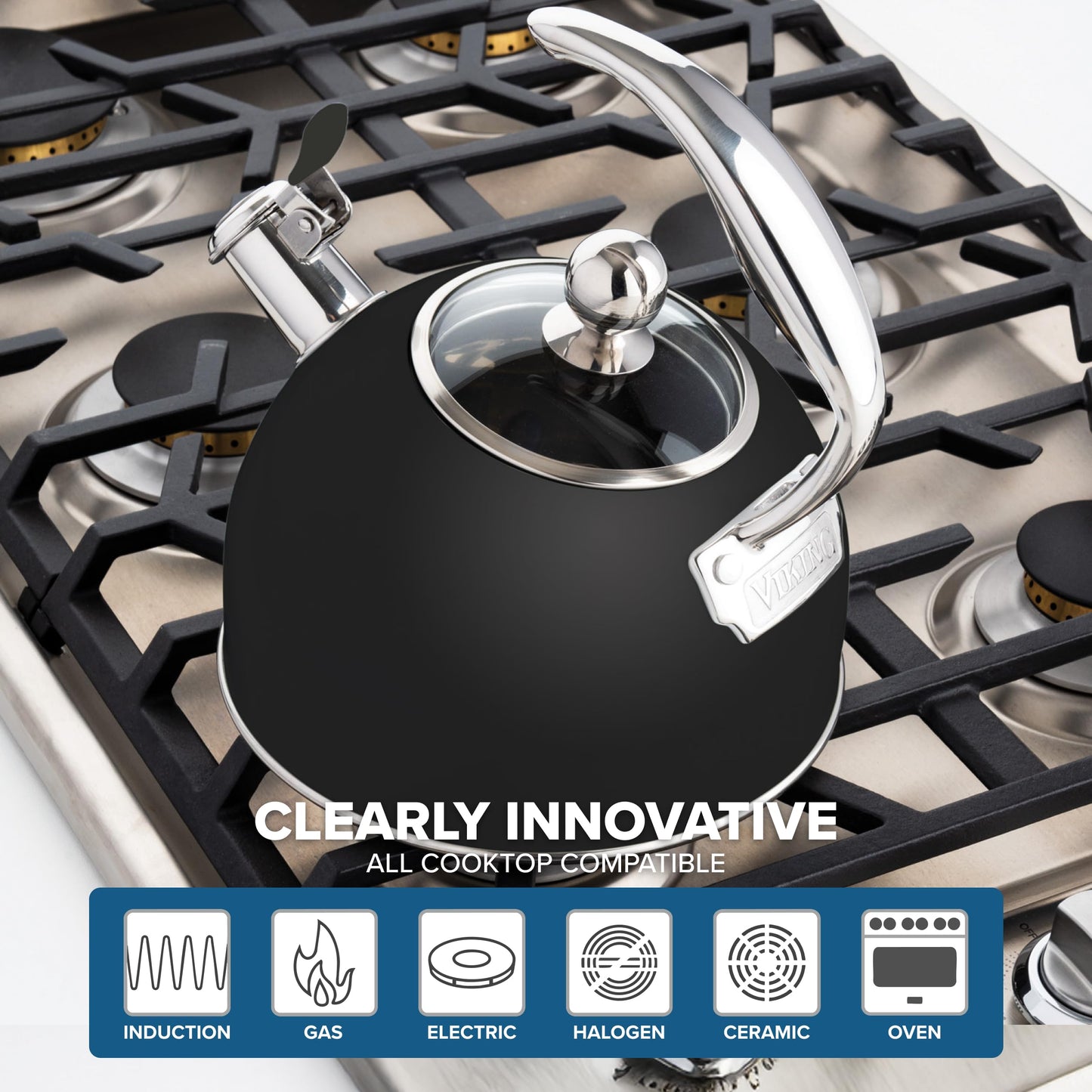 Viking 3-Ply Stainless Steel Tea Kettle, 2.6 Quart Stovetop Hot Water Pot with Tempered Glass Lid, Ergonomic Handle, Induction Ready, Matte Black