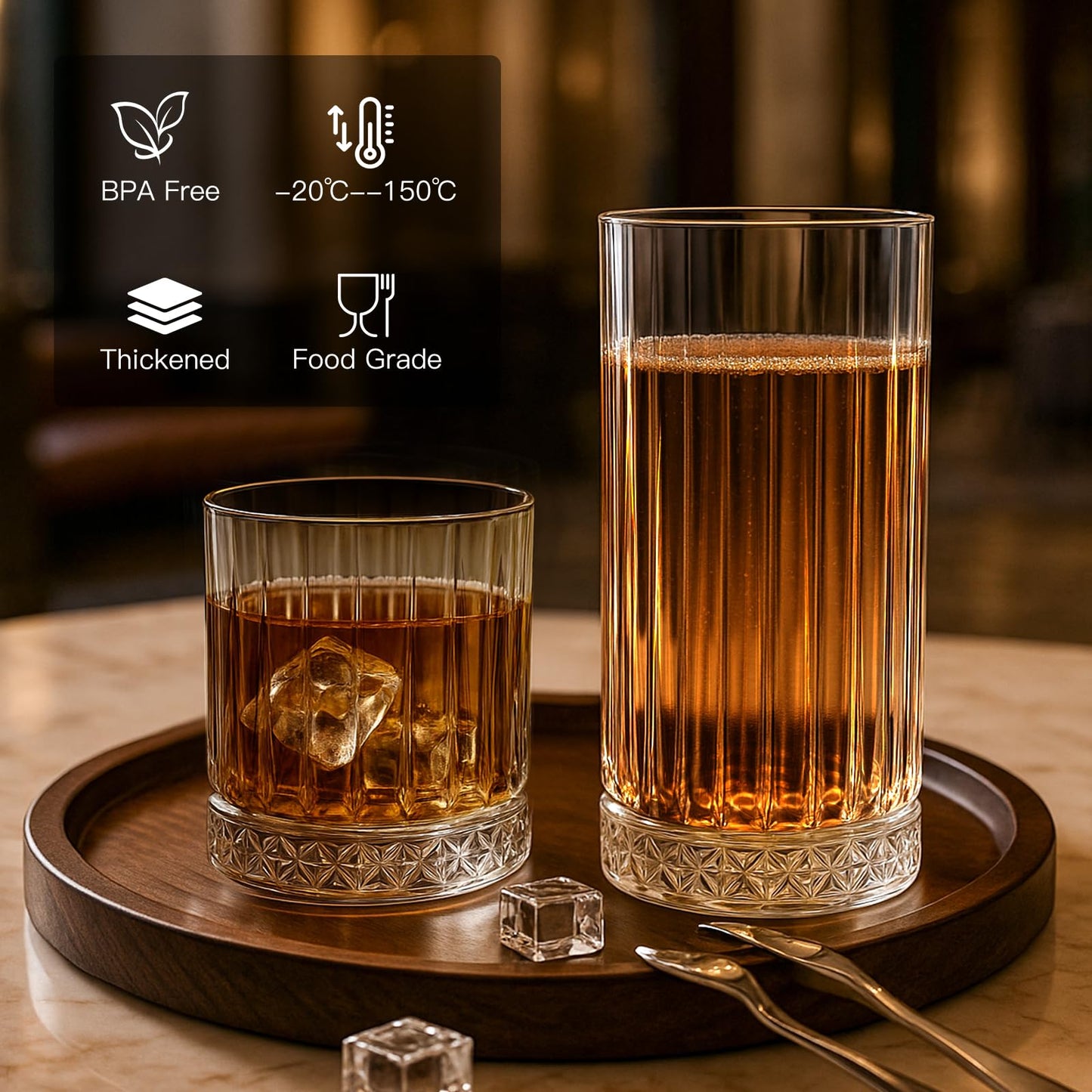 Ruckae Drinking Glasses Set of 8,15 oz and 7 oz Kitchen Water Glass Cups Set,Clear Ribbed Glassware Dishwasher Safe,Mixed Drinkware for Beer,Juice,Cocktail,Whiskey,Milk and Various Mixed Drinks