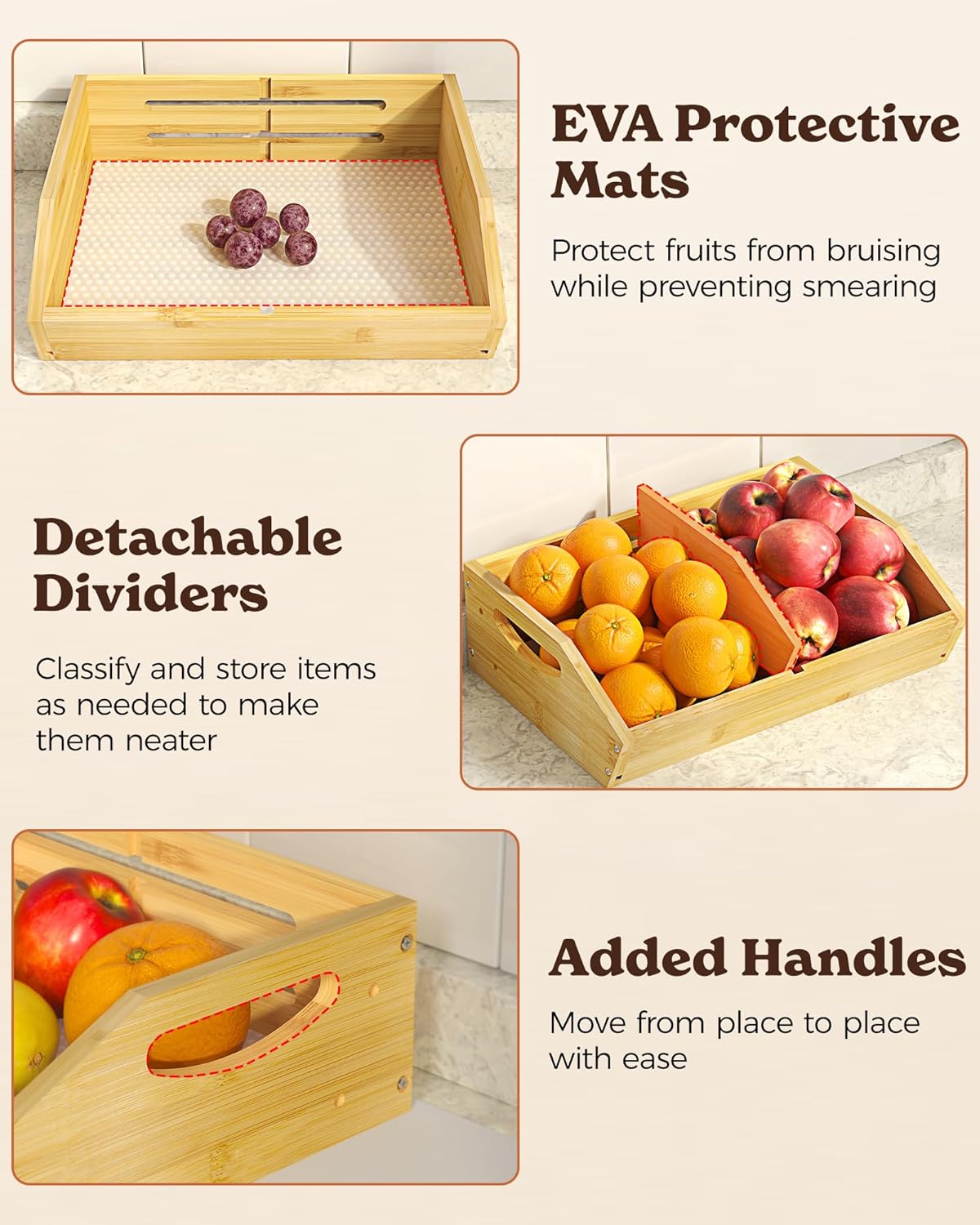 Sevenblue 3-Tier Bamboo Fruit Basket - Large Kitchen Counter Organizer with Banana Holders & Mats