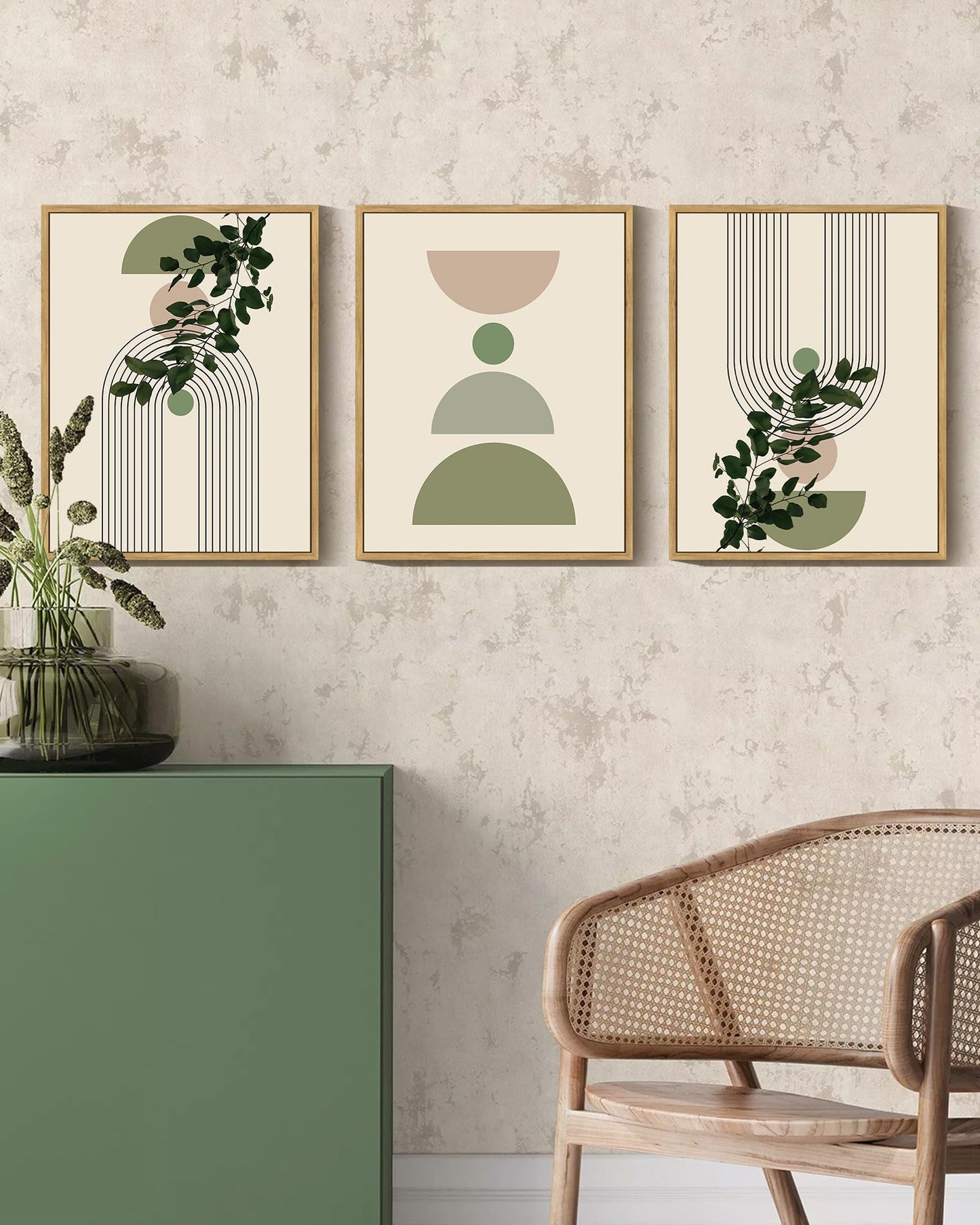 Drsoum 11x14in Green Botanical Boho Wall Decor Framed Modern Sage Bohemian Wall Art Abstract Geometry Canvas Prints Ready to Hang Brown Framed