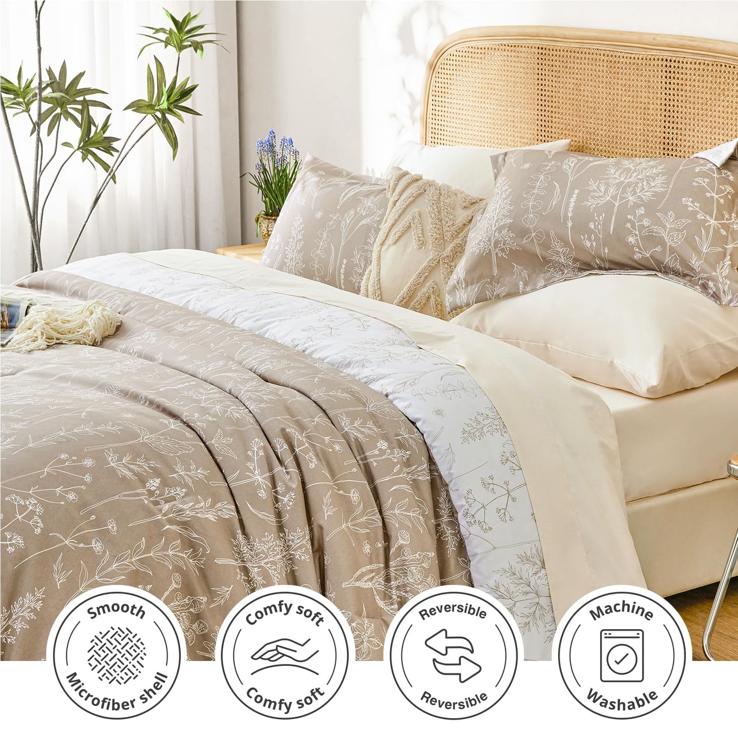 Love's cabin Light Taupe Full Comforter Set - Full Size Comforter Set, 3 Pieces Cute Floral Bedding Sets for All Seasons,1 Soft Reversible Botanical Flowers Comforter and 2 Pillow Shams