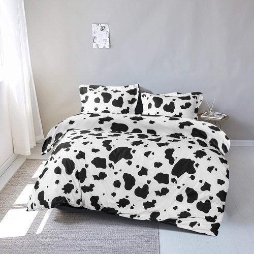 FLXXIE Queen Duvet Cover Set - 3 Pieces Black and White Milk Cow Print with Zipper Closure | 90x90 Inches