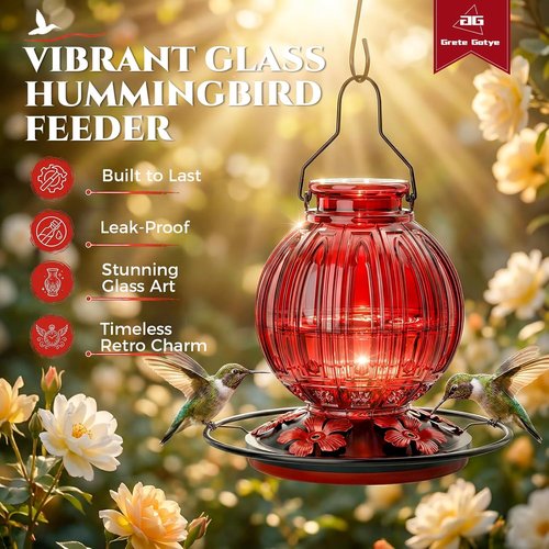 Glass Hummingbird Feeder - 24Oz Outdoor Nectar Feeder with Perch & 5 Flower Ports | Leak-Proof Garden Decor