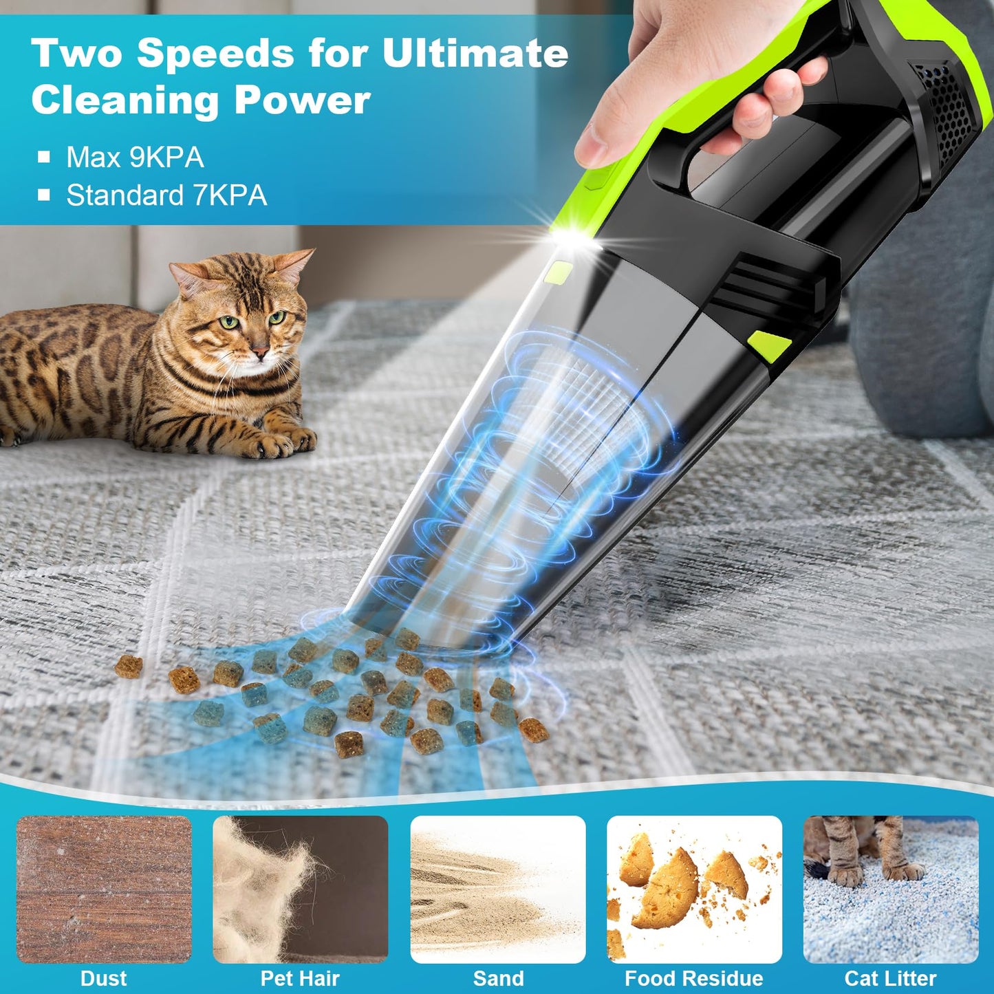 Cordless Car Vacuum Portable Handheld Vacuum with LED Light, High Power Suction, Lightweight Rechargeable Hand Vacuum, Hand Held Vacuum Cleaner for Car Home Office, Pet Hair, BlackBlue