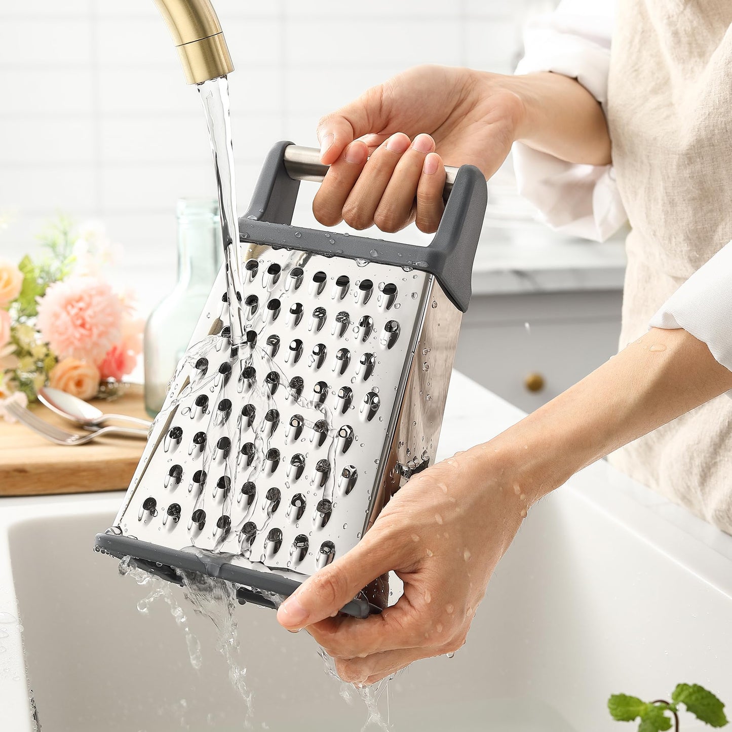 Spring Chef Professional Cheese Grater - Stainless Steel Box Grater for Kitchen, XL Size, 4 Sides - Perfect Shredder for Parmesan Cheese, Carrot, Potato, Ginger - Dishwasher Safe - Gray
