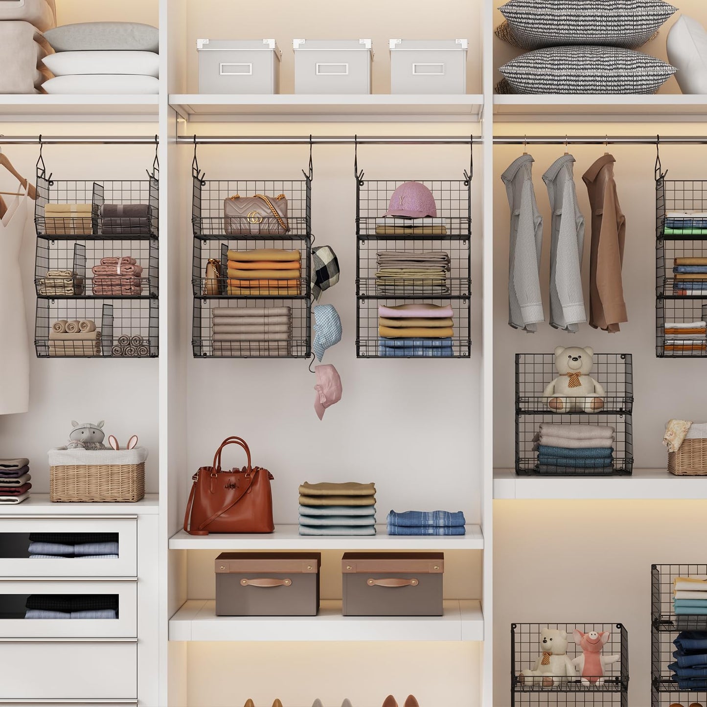 Jautokerdar 3 Tier Closet Hanging Shelves with Divider, Extra Large Closet Organizers and Storage, Clothes Hanging Organizer Clothing Sweaters Handbags Clutches Accessories