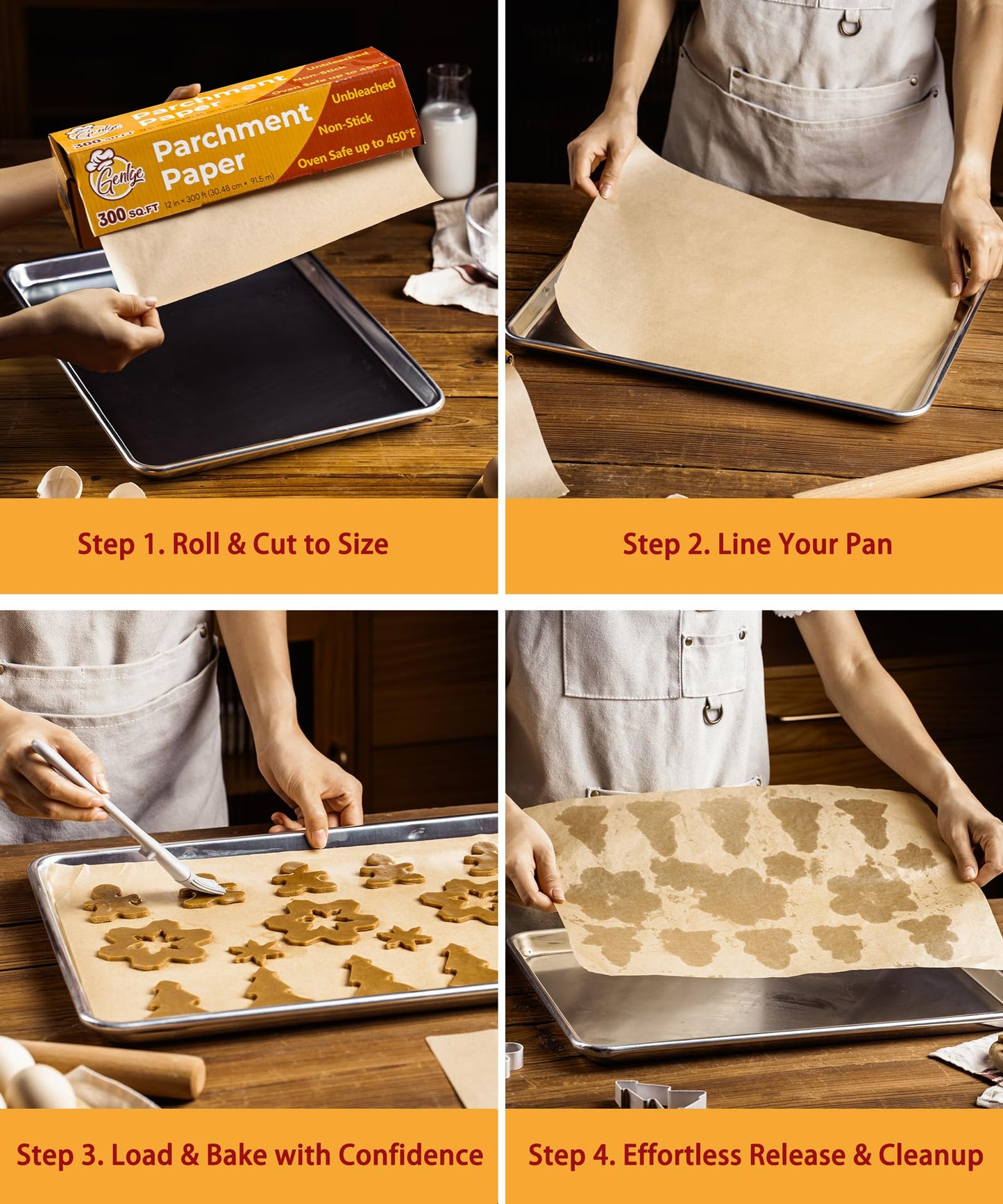 GENLGE 300 Sq. Ft Unbleached Parchment Paper Roll – 12" x 300 ft, Non-Stick Brown Baking Parchment Paper, Heavy Duty for Oven, Air Fryer & Grilling