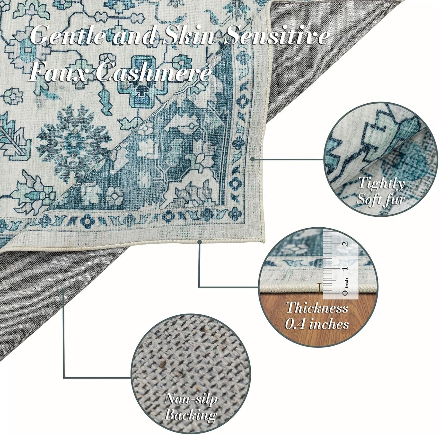 Area Rug 3×5, Vintage Boho Rug,Ultra-Soft Low Pile, Washable, Non Slip,Stain Resistant, Printed Carpet for Living Room Bedrooms Playroom Office Kitchen,Turquise/Cream
