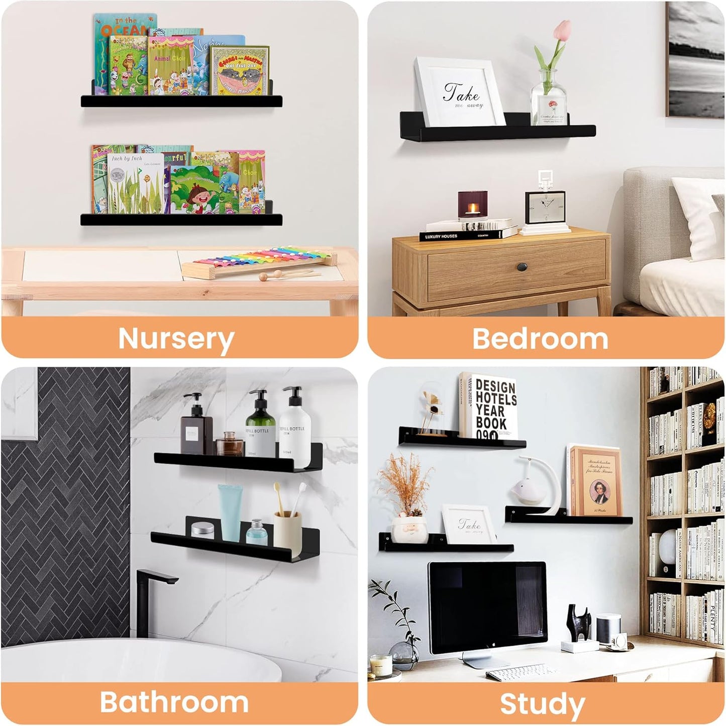 Upsimples Acrylic Wall Shelves - 15" Floating Display Shelf Set for Perfume & Books | Black, 4 Pack
