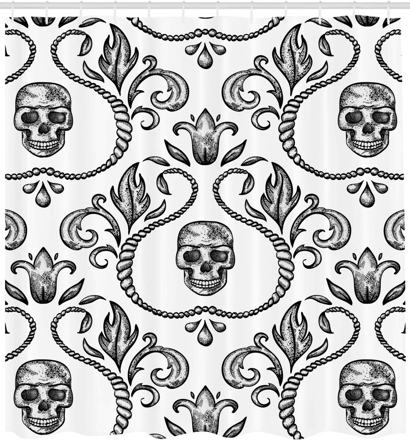 Gothic Skull Shower Curtain - Baroque Floral Design, 69" x 70", Bathroom Decor Set